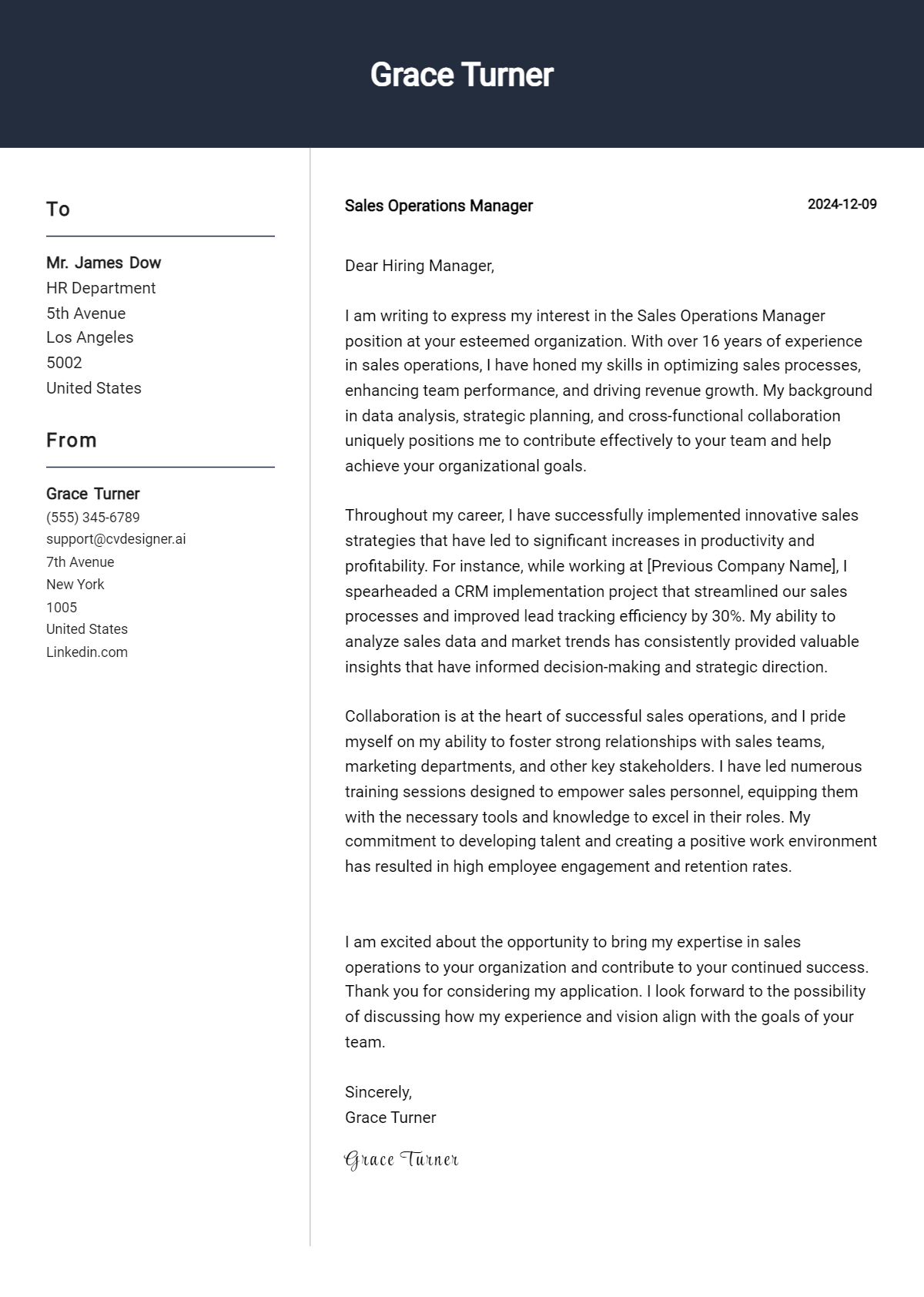 sales operations manager cover letter example