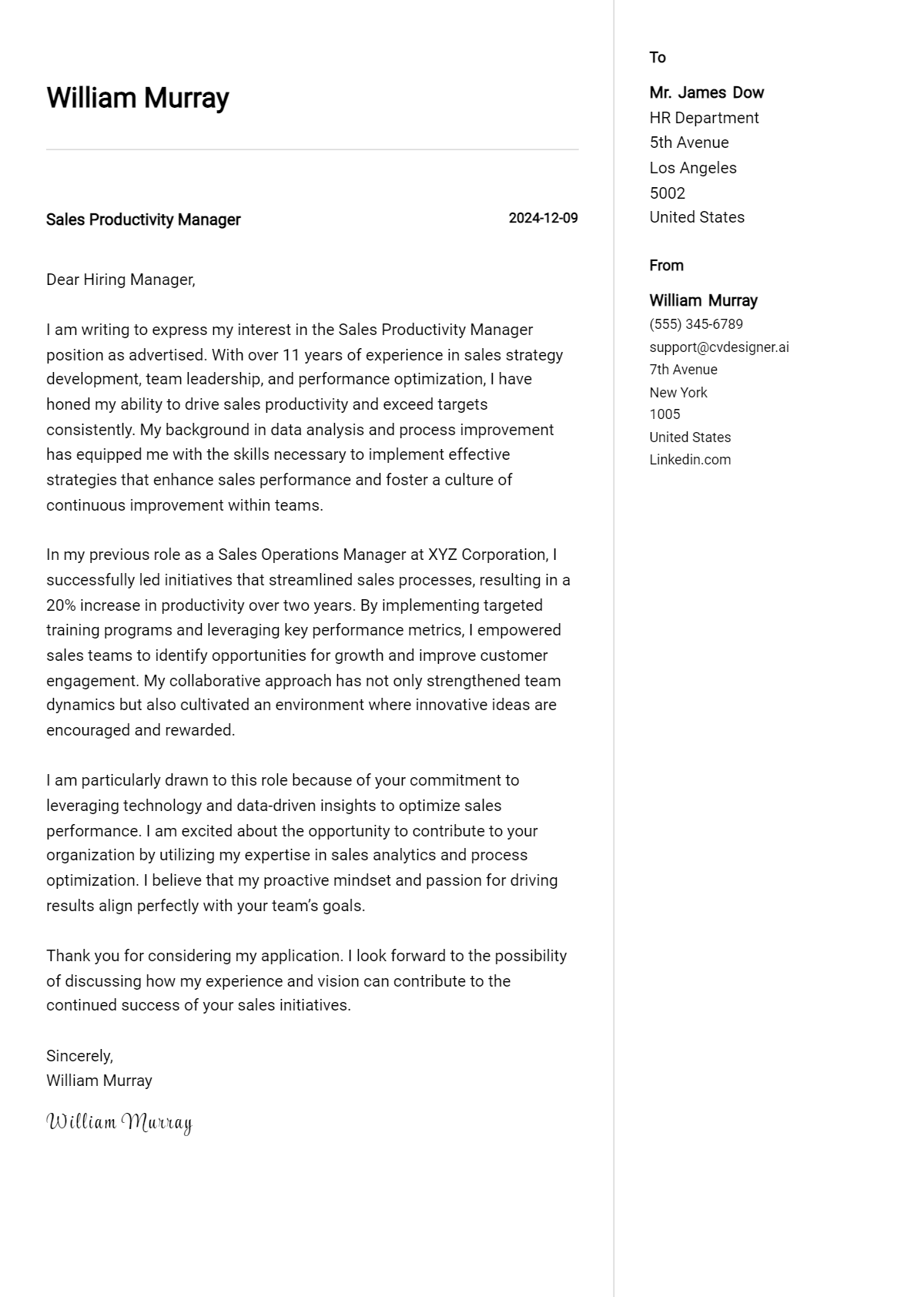 sales productivity manager cover letter example