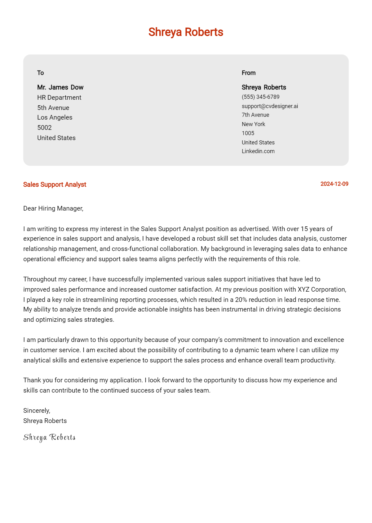 sales support analyst cover letter example