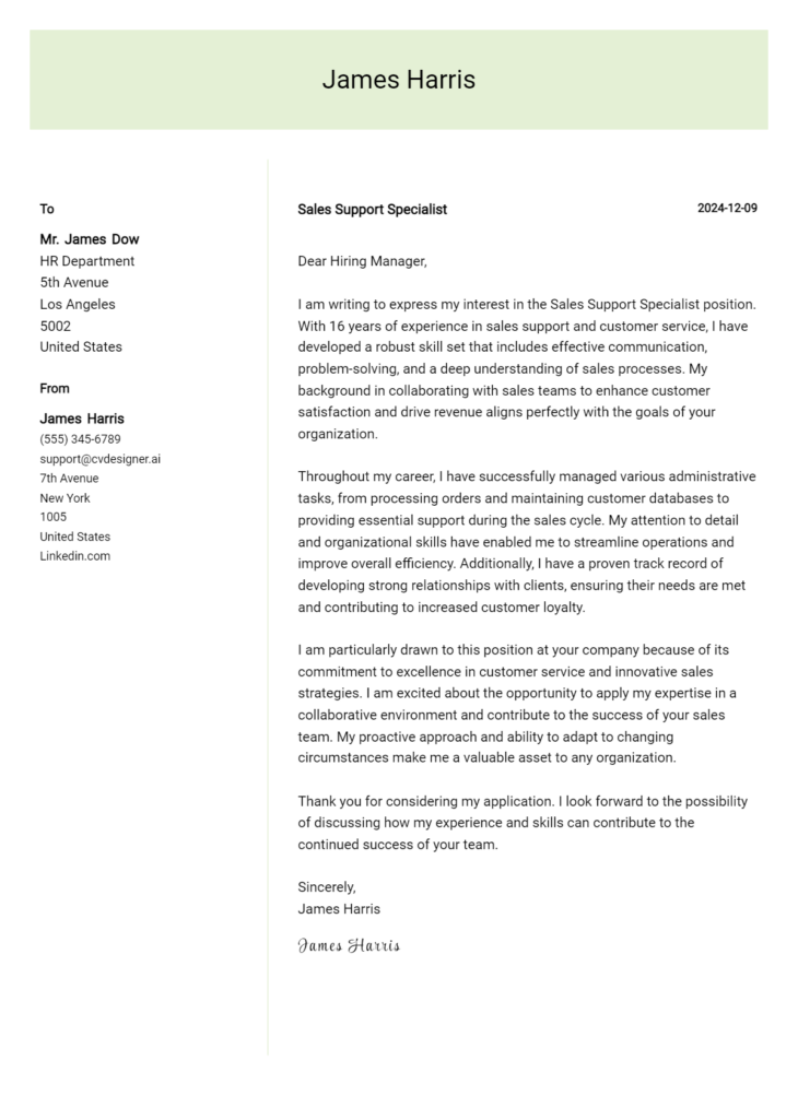 sales support specialist cover letter example