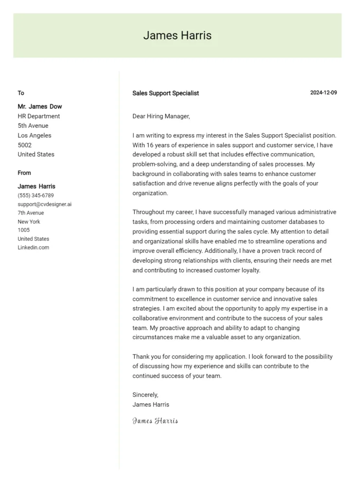 sales support specialist cover letter example