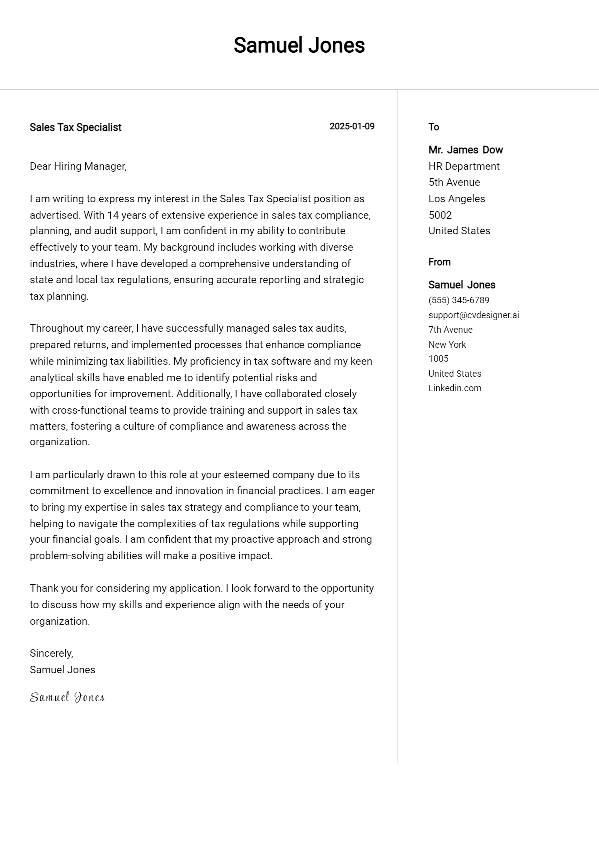 sales tax specialist cover letter example