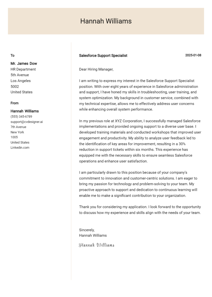 salesforce support specialist cover letter example