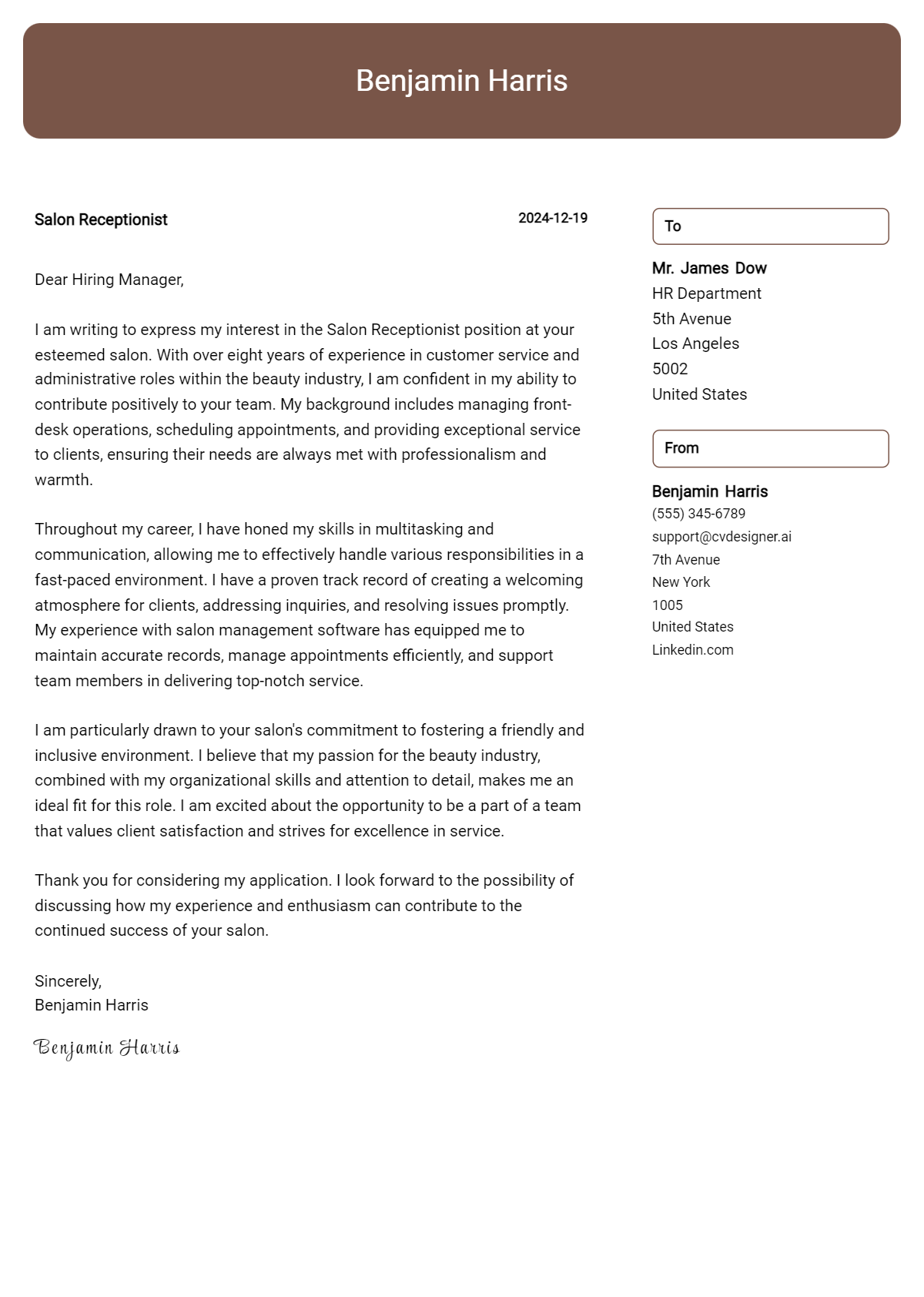 salon receptionist cover letter example