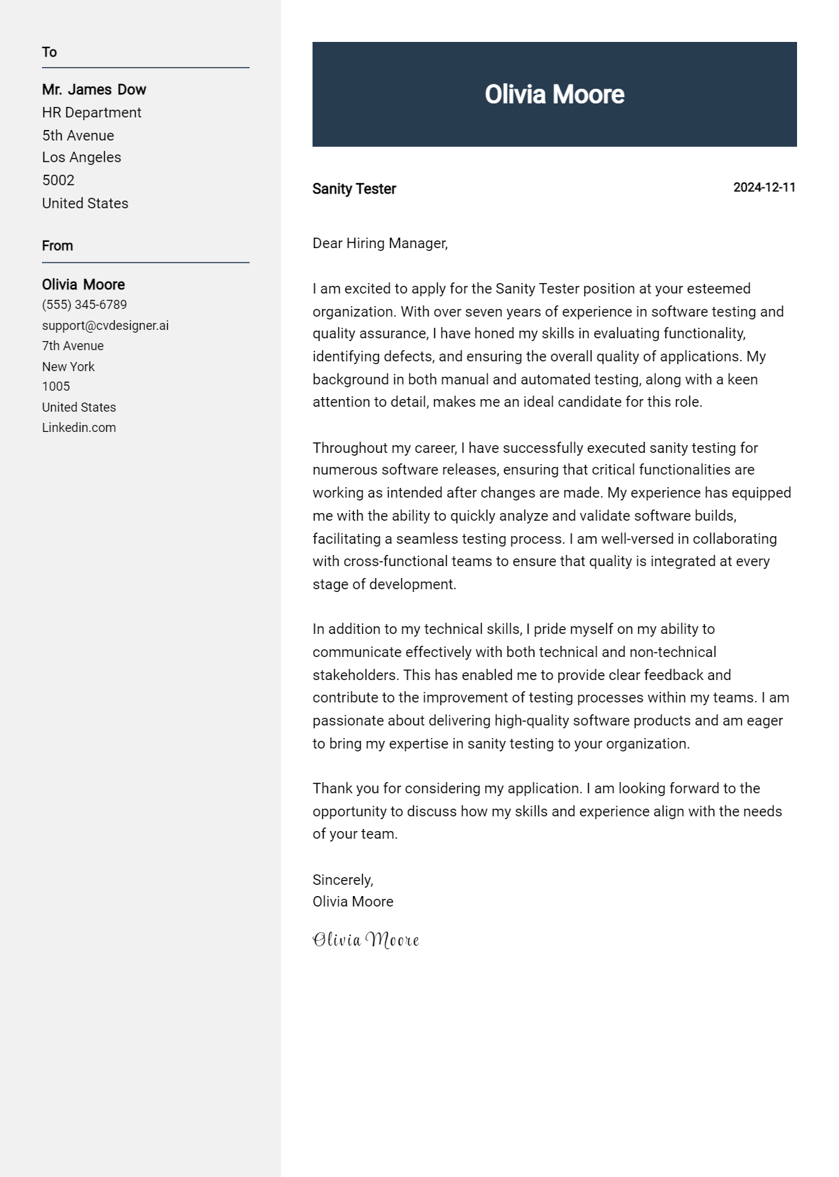 sanity tester cover letter example