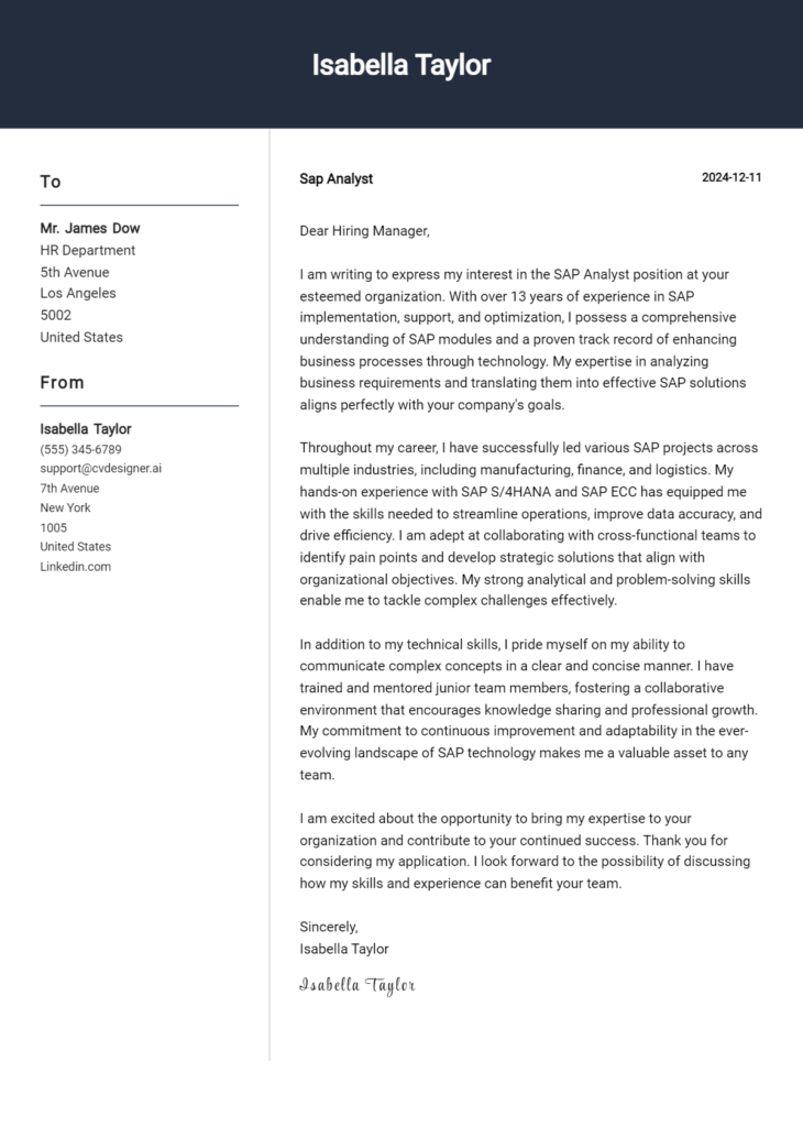 sap analyst cover letter example