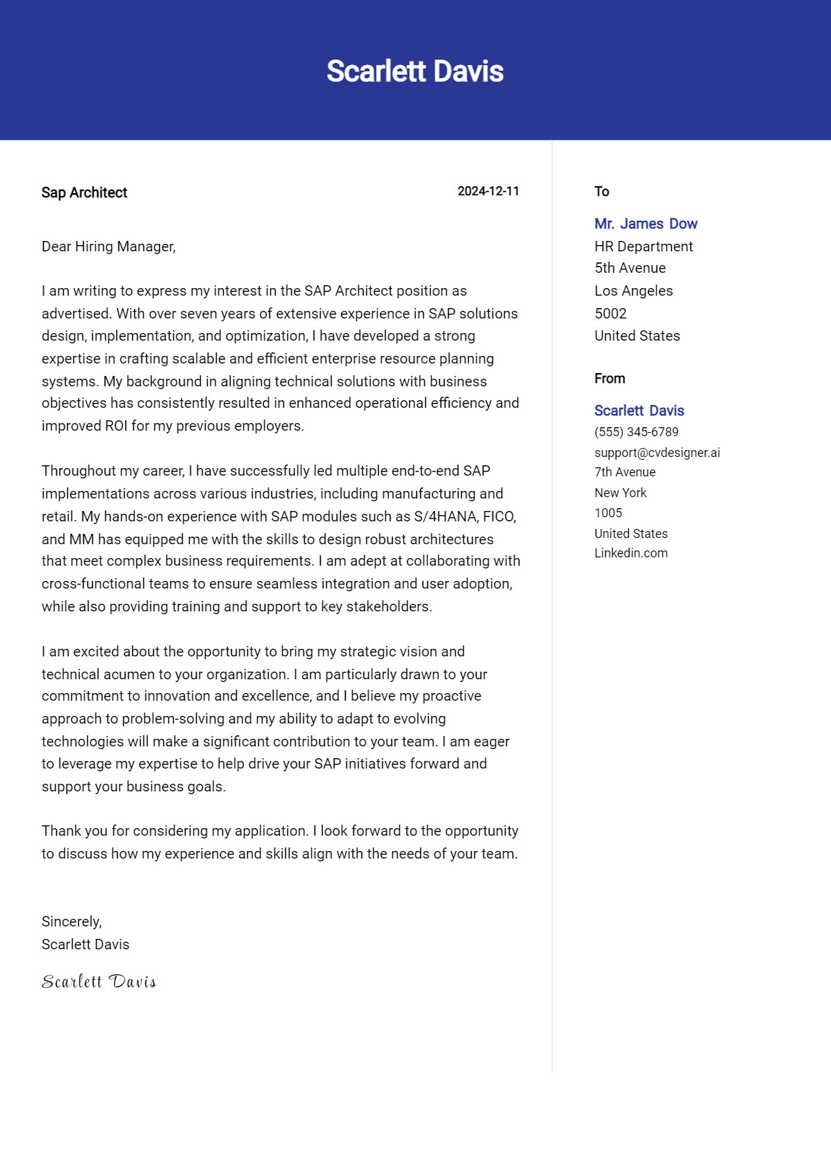 sap architect cover letter example