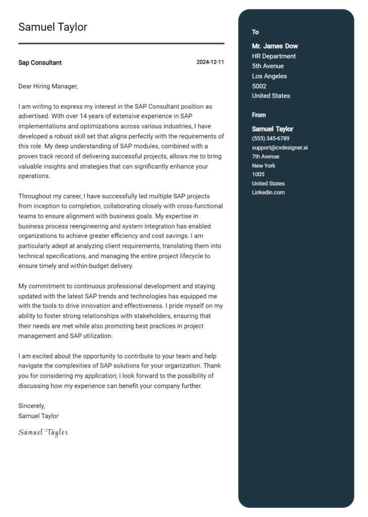 sap consultant cover letter example