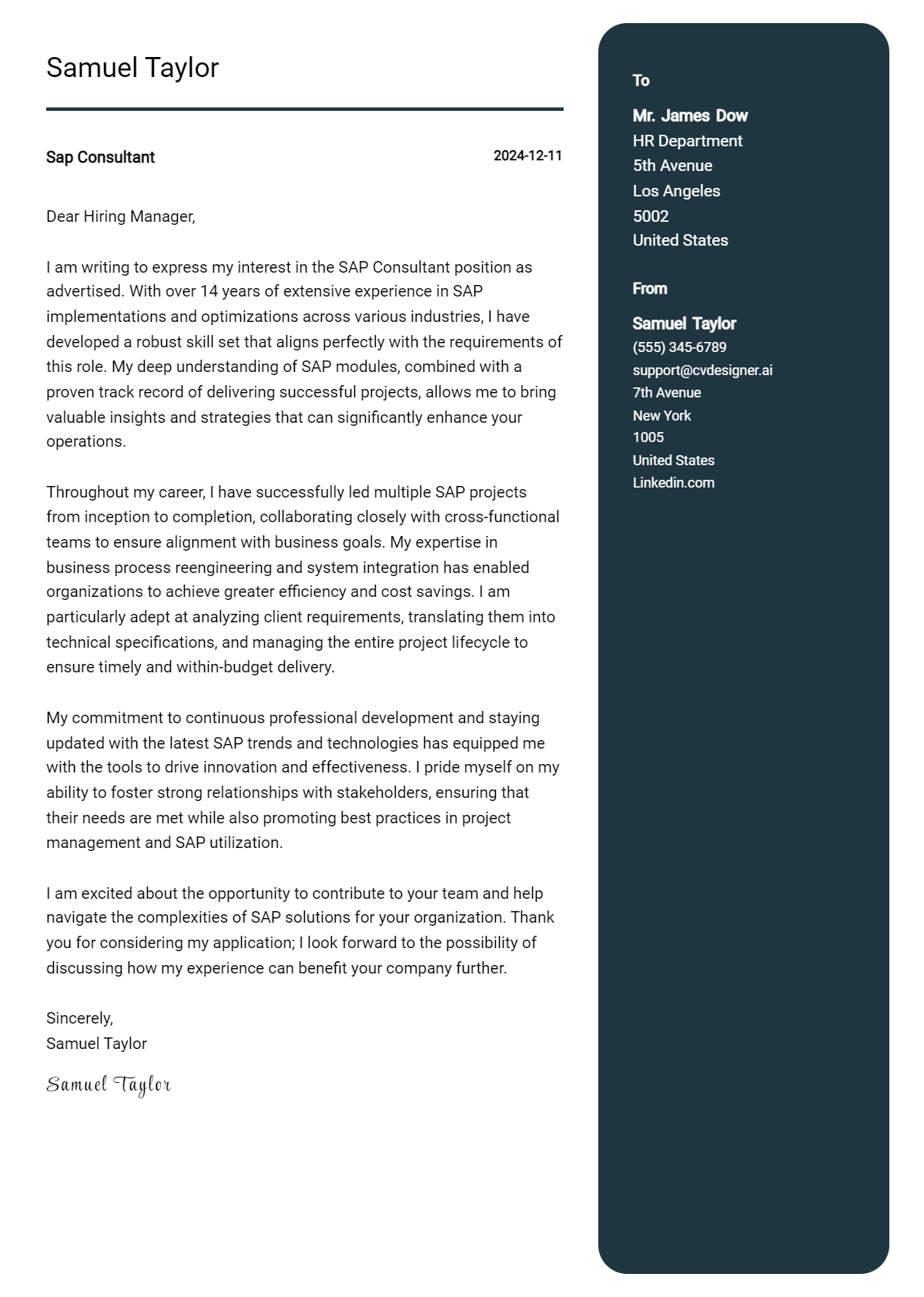 sap consultant cover letter example