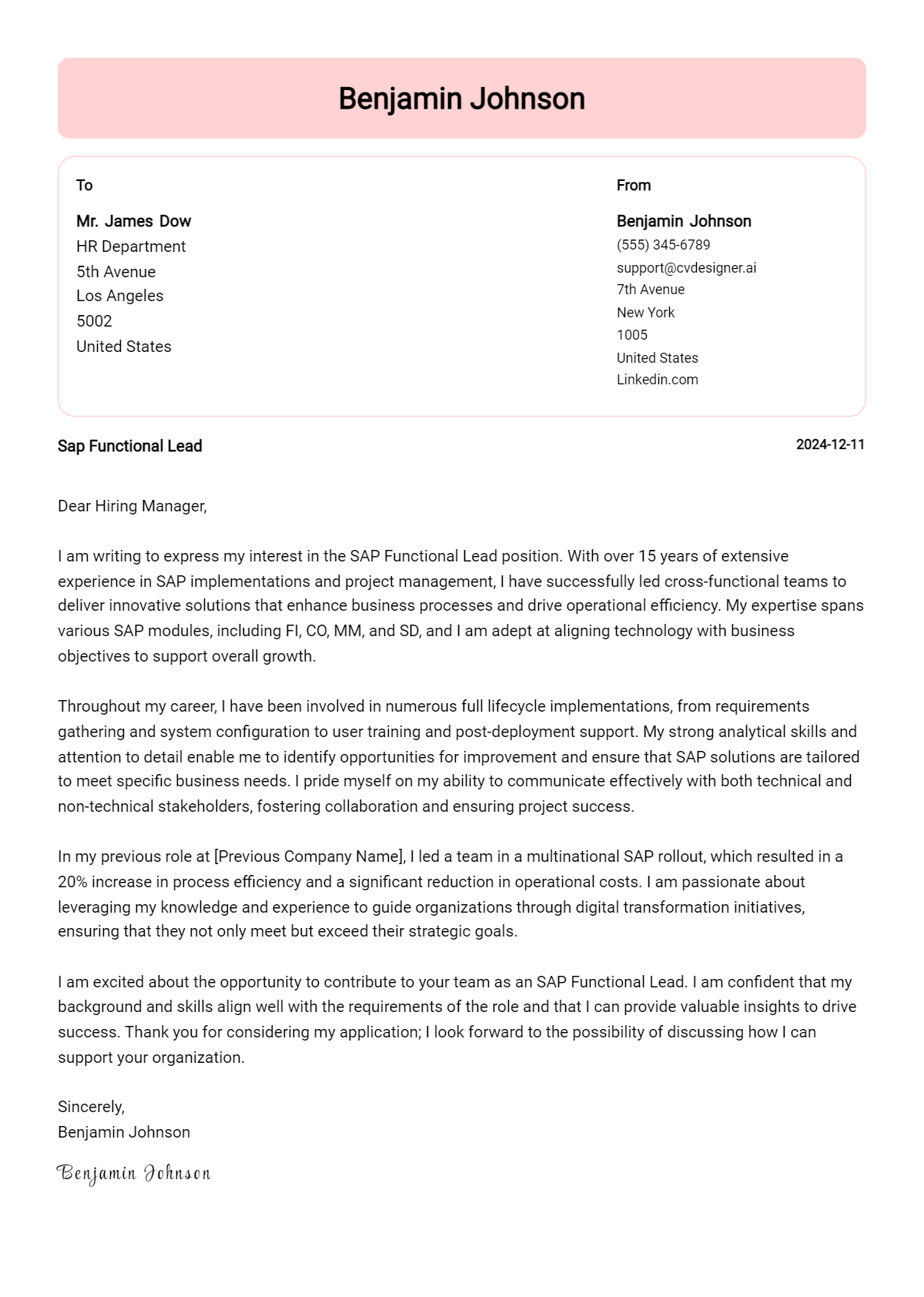 sap functional lead cover letter example