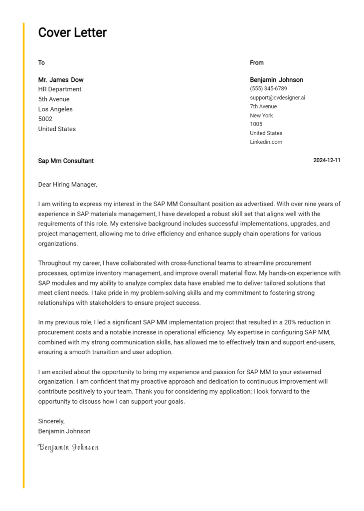 sap mm consultant cover letter example