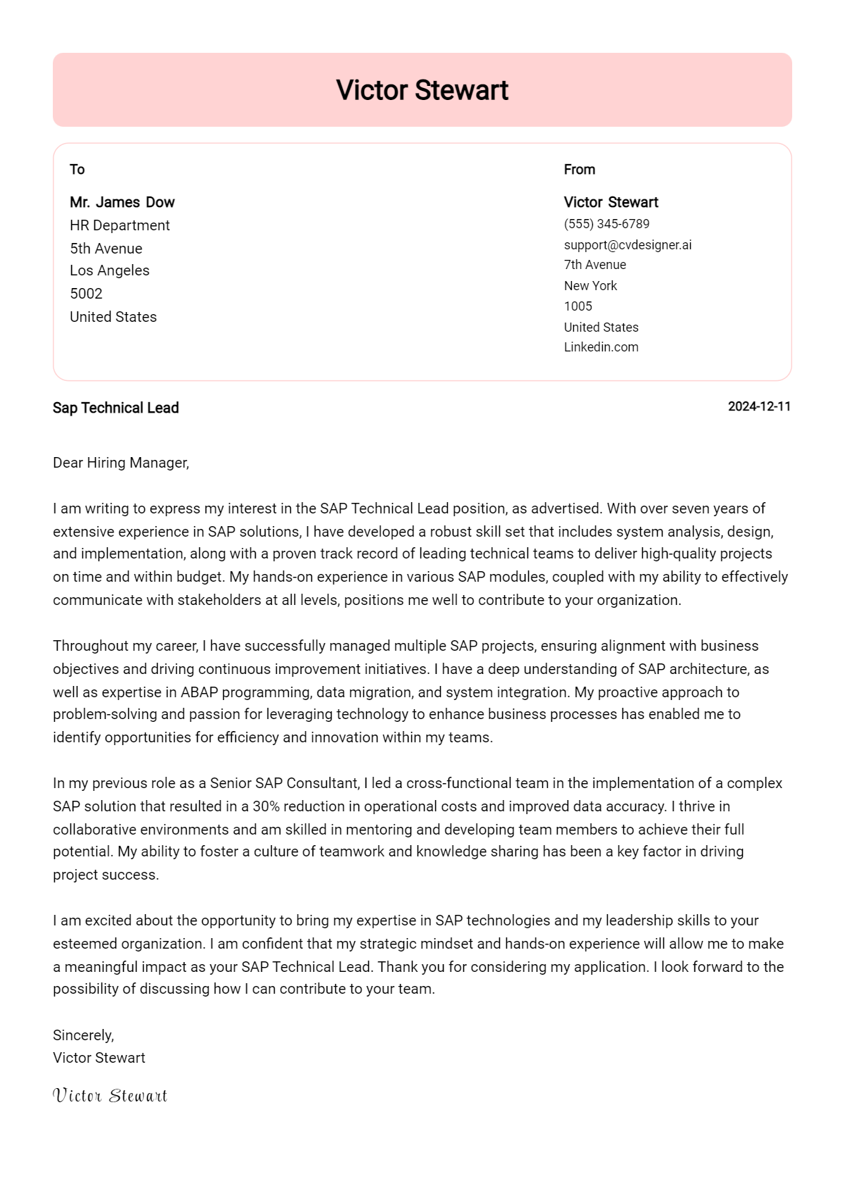 sap technical lead cover letter example