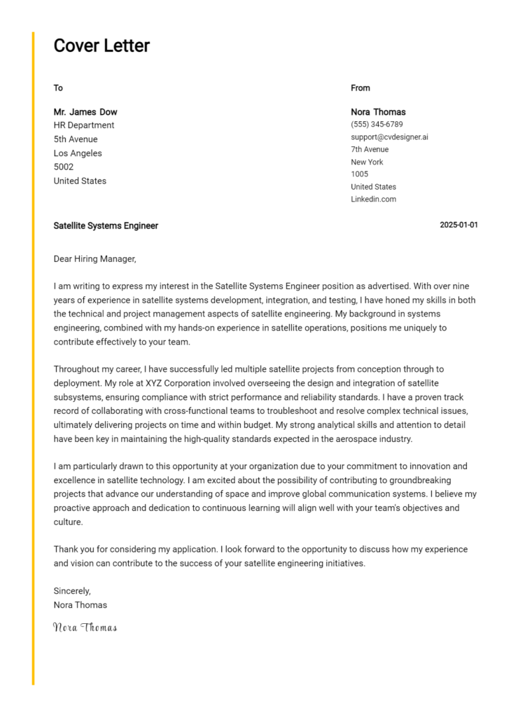 satellite systems engineer cover letter example