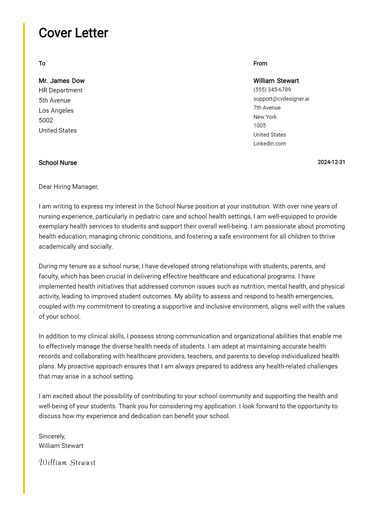 school nurse cover letter example