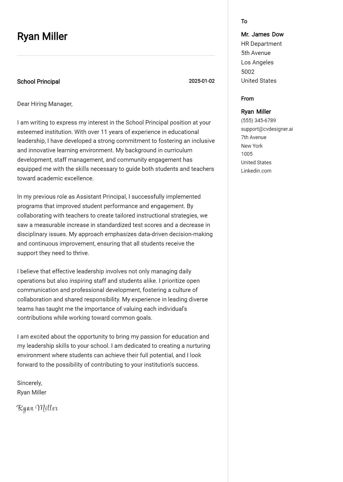 school principal cover letter example