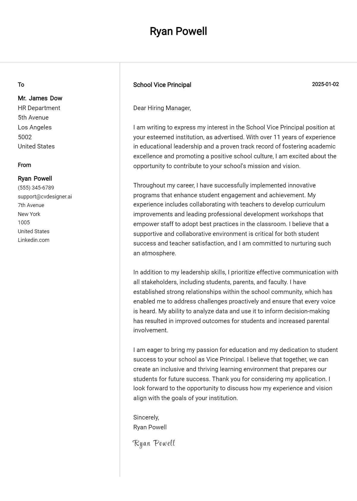 school vice principal cover letter example