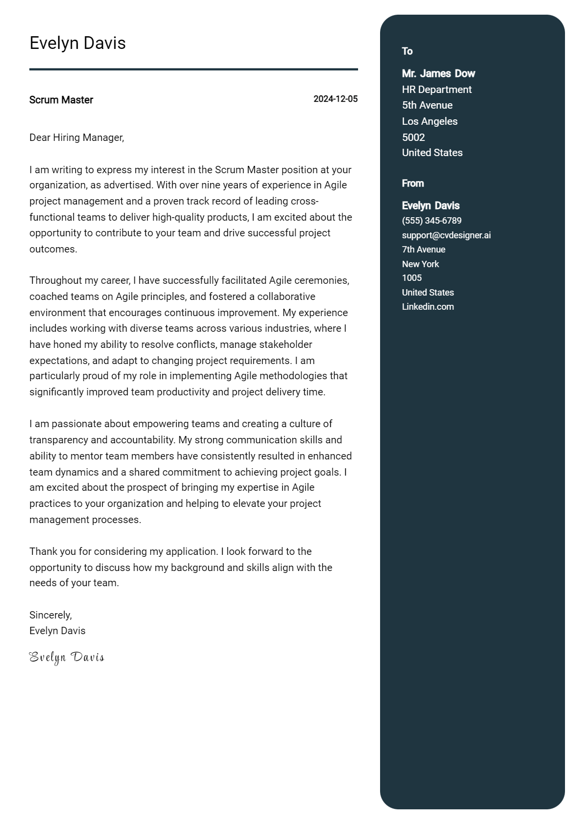 scrum master cover letter example