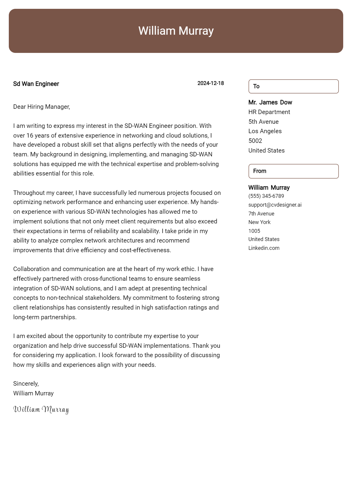 sd wan engineer cover letter example