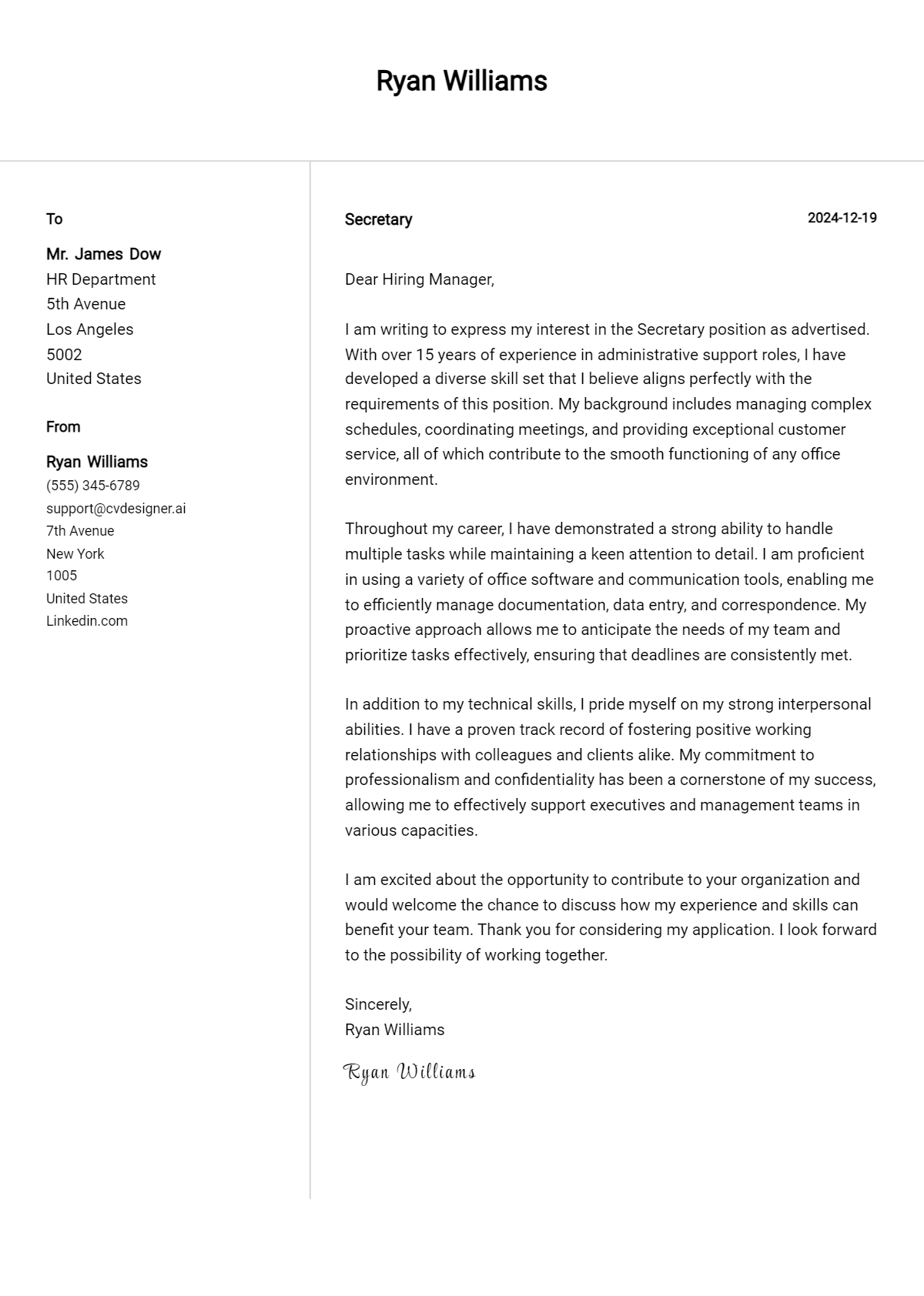 secretary cover letter example