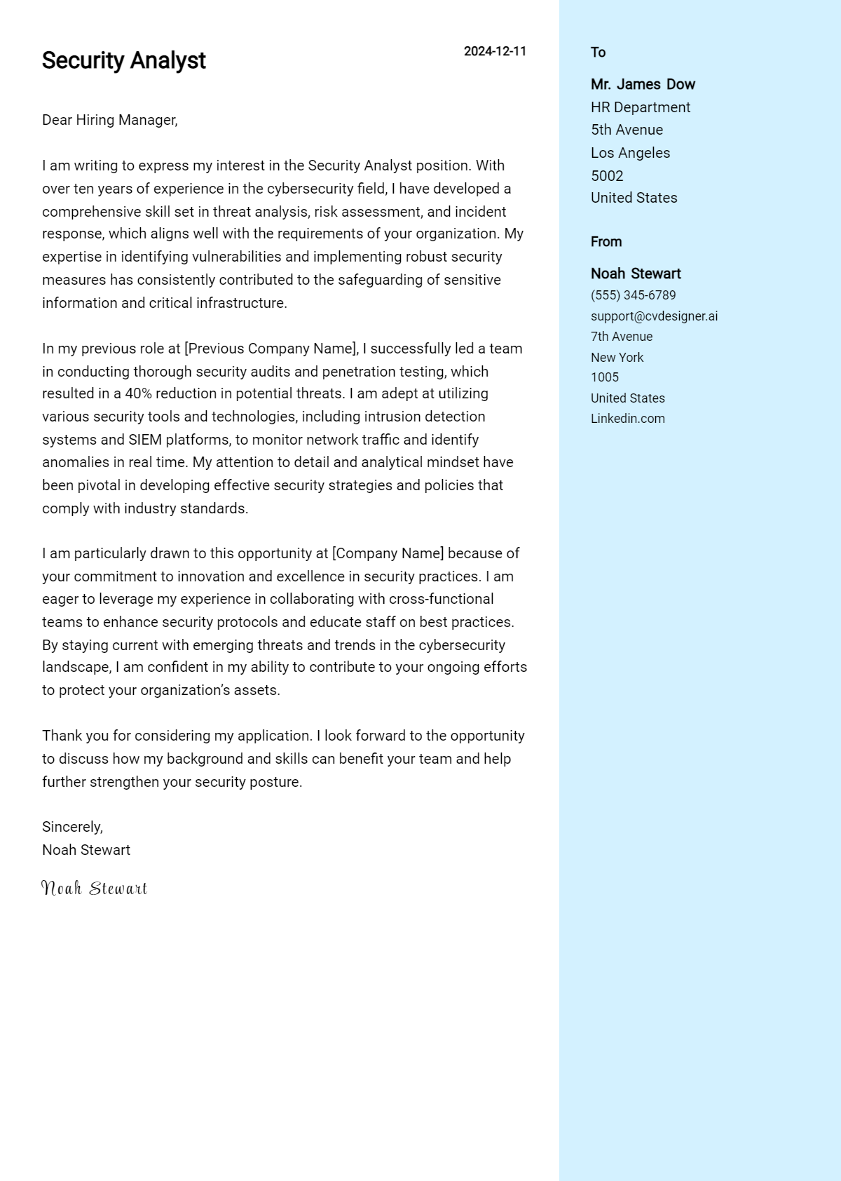 security analyst cover letter example