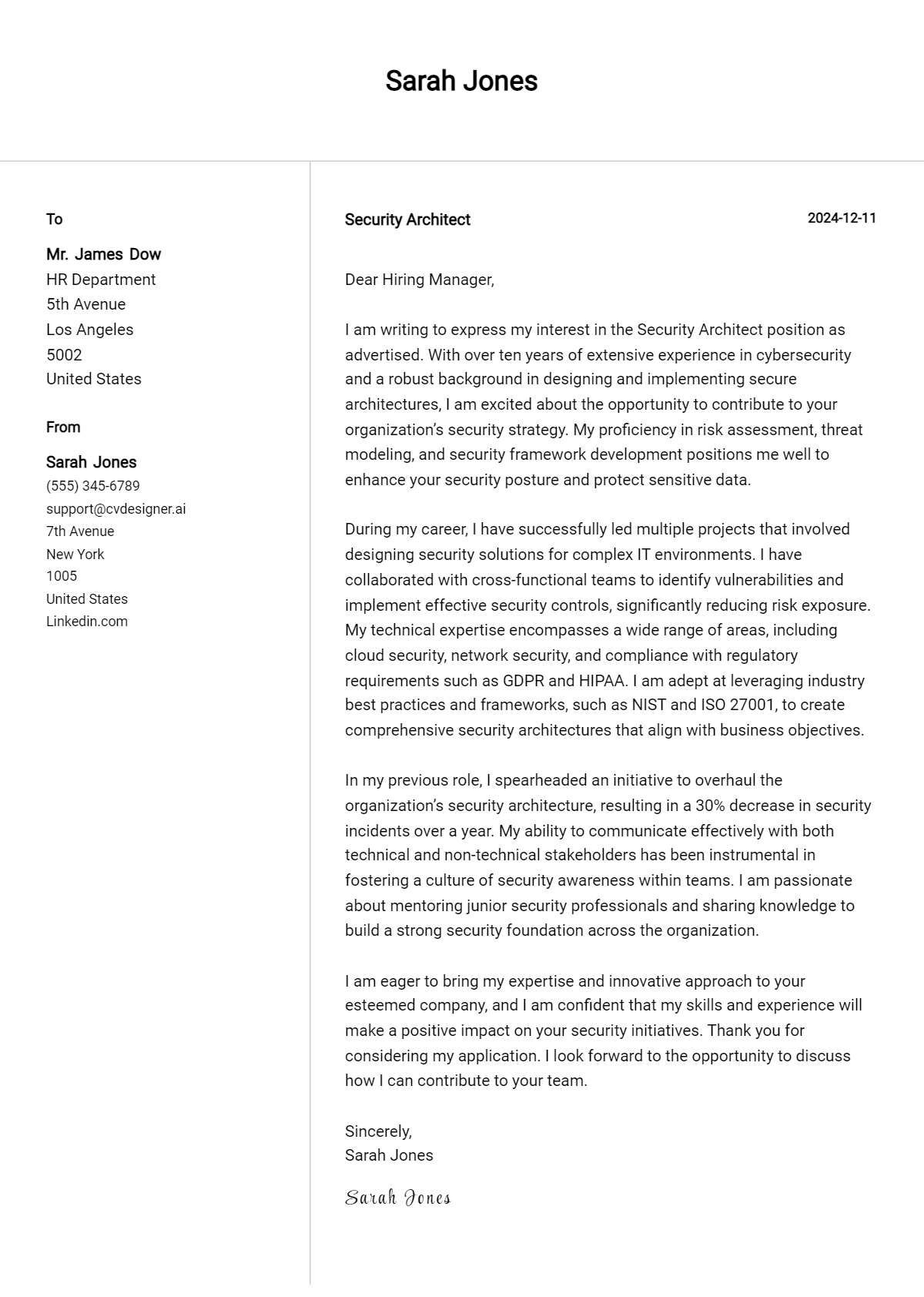 security architect cover letter example