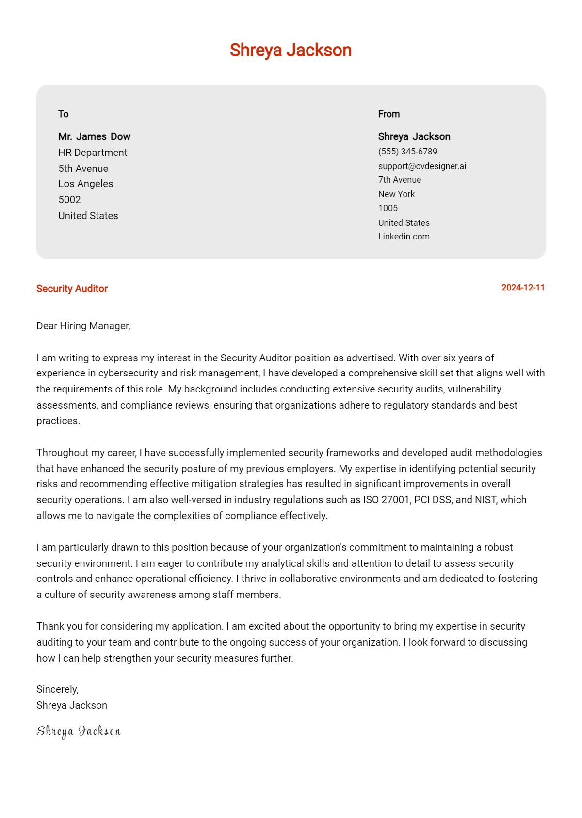 security auditor cover letter example