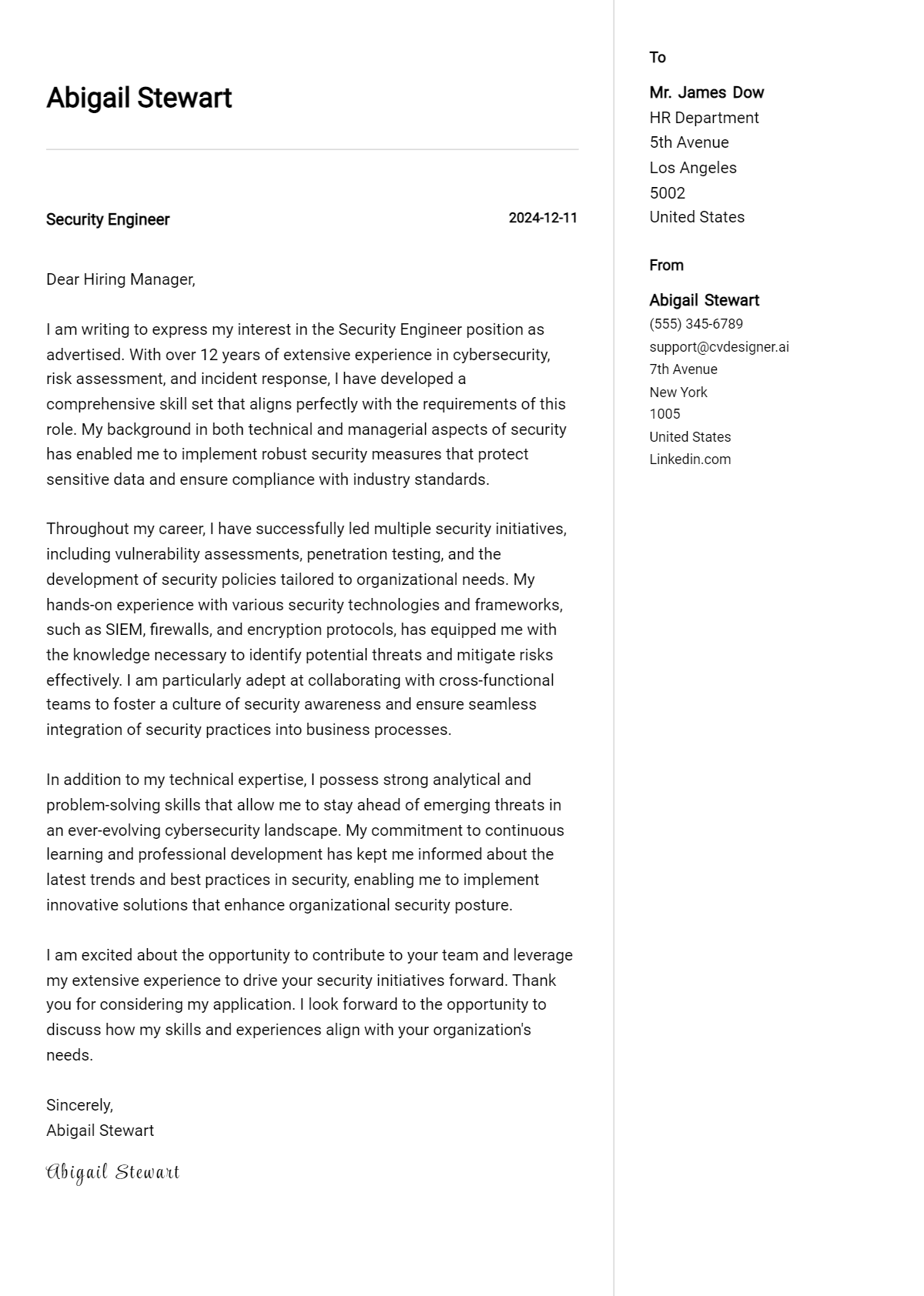 security engineer cover letter example