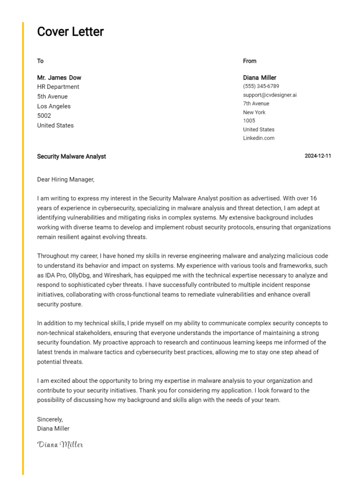 security malware analyst cover letter example