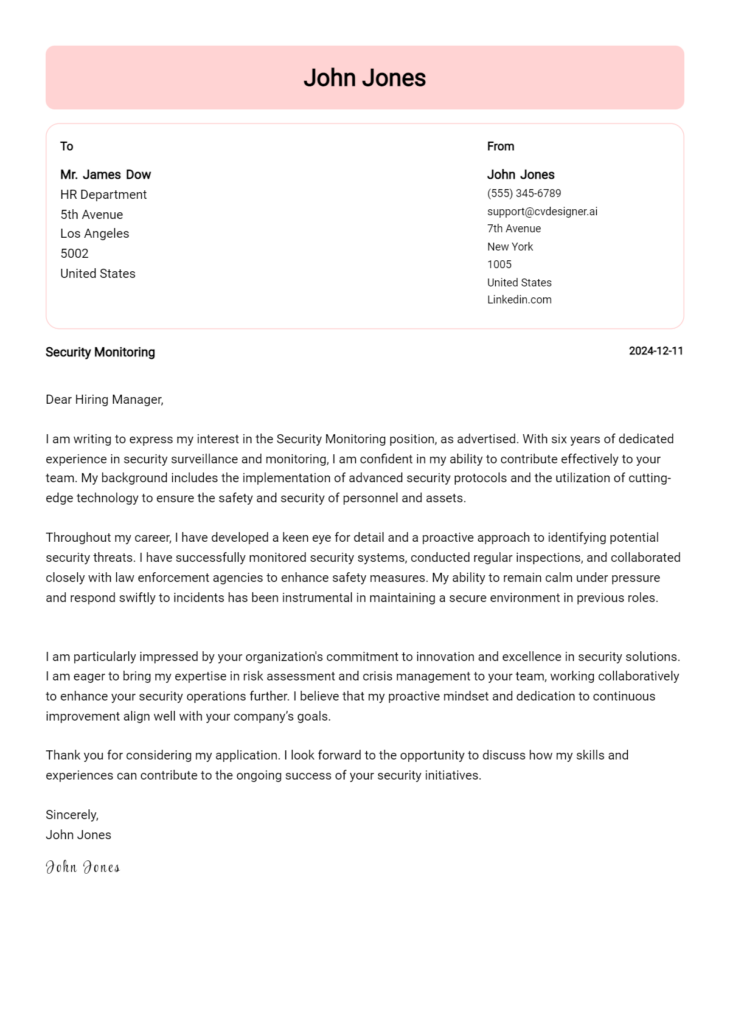 security monitoring cover letter example