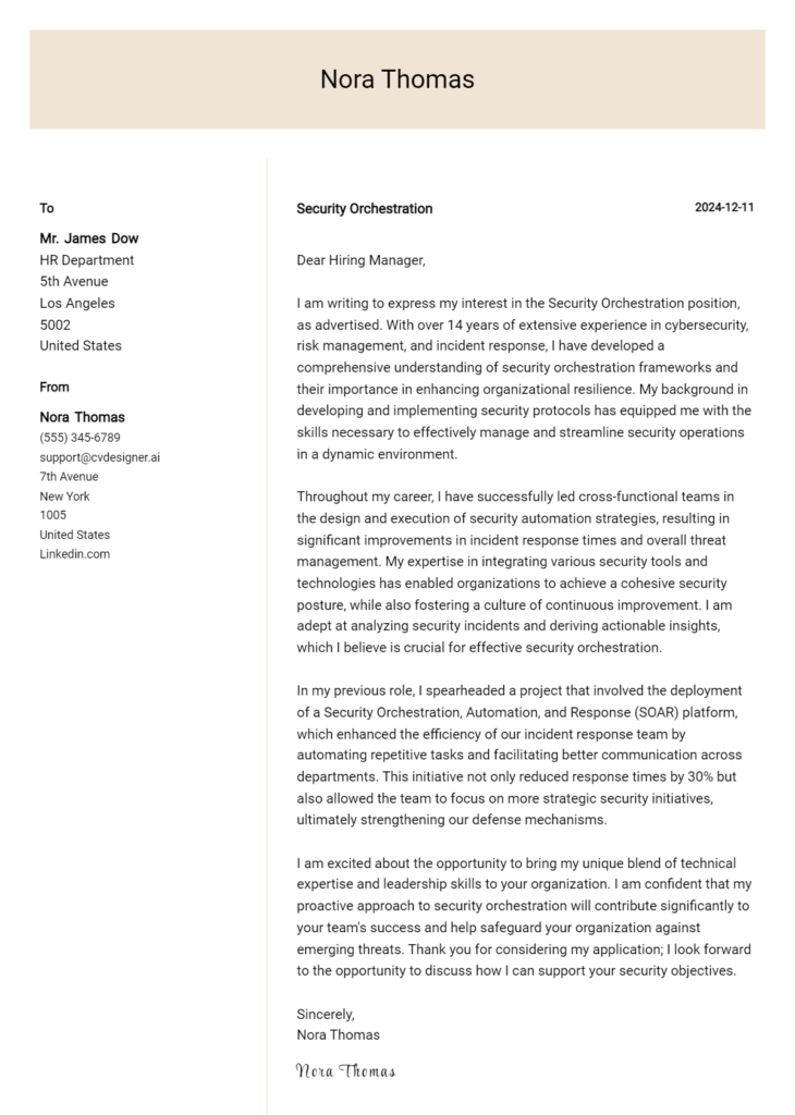 security orchestration cover letter example