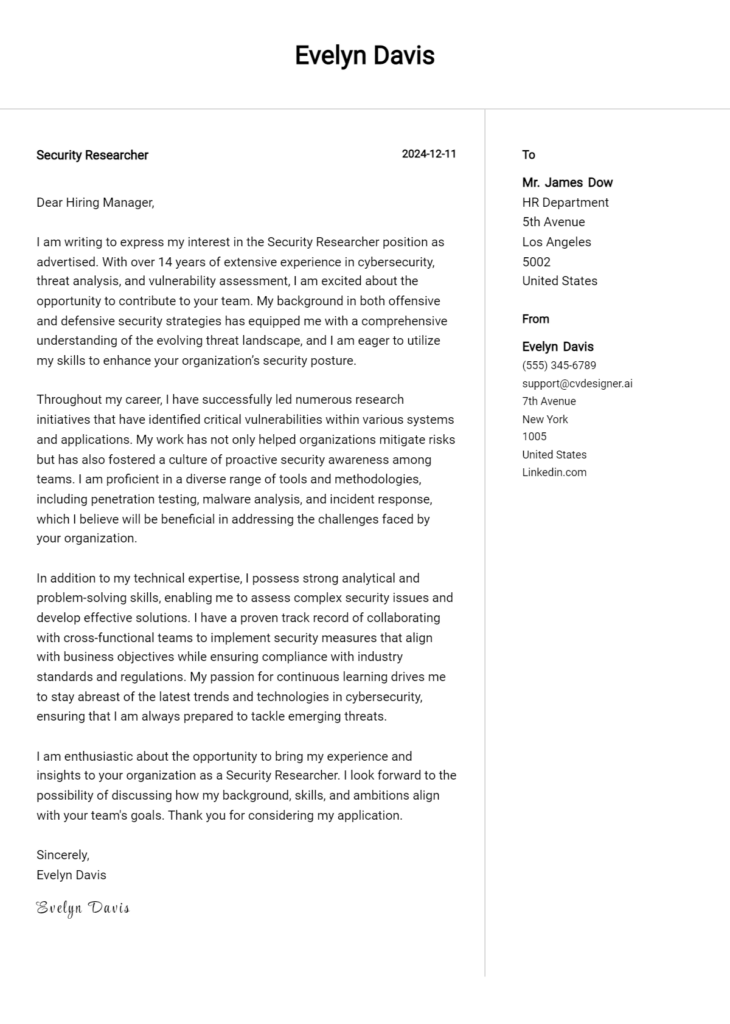 security researcher cover letter example