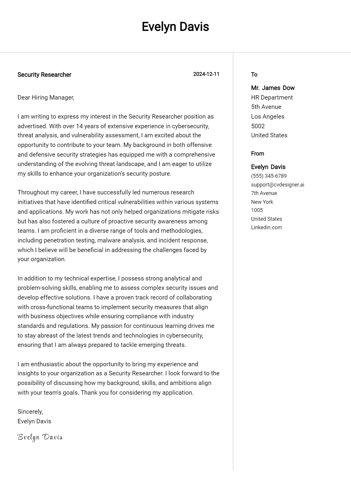 security researcher cover letter example