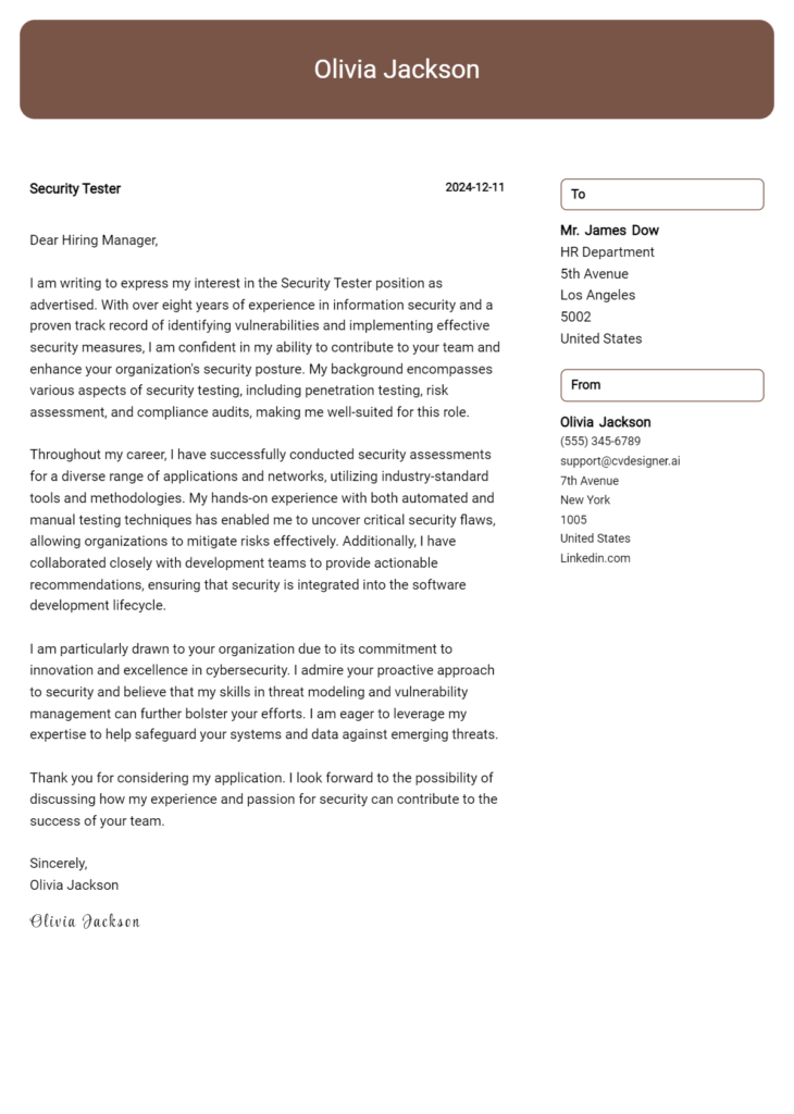 security tester cover letter example