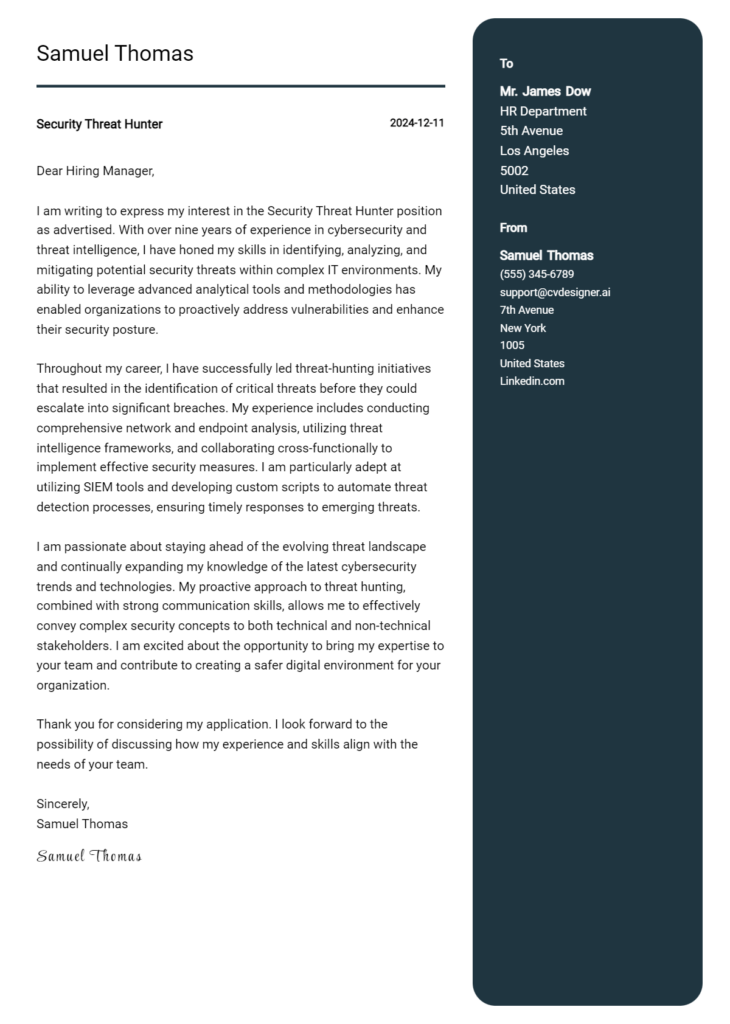 security threat hunter cover letter example