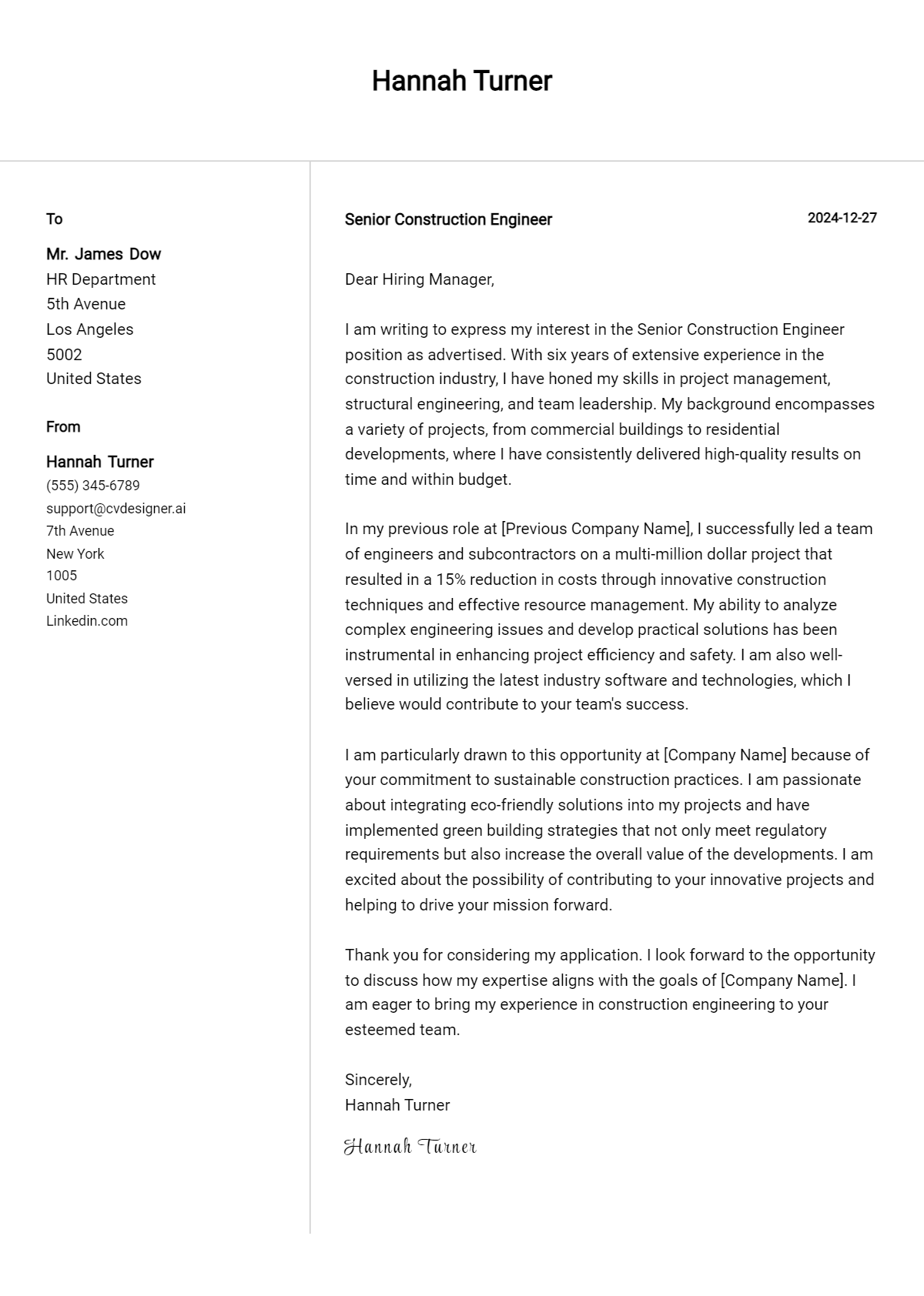 senior construction engineer cover letter example