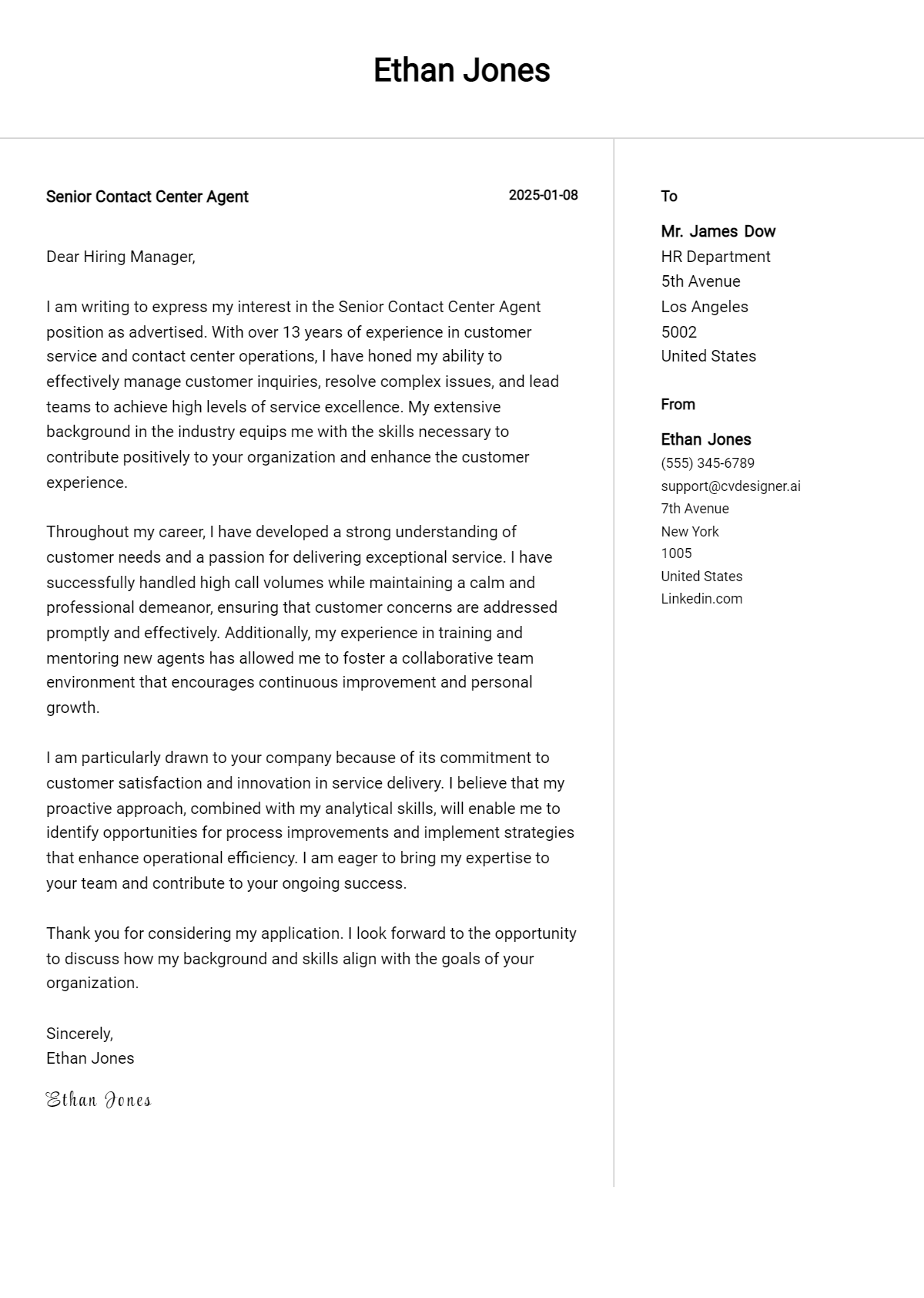 senior contact center agent cover letter example