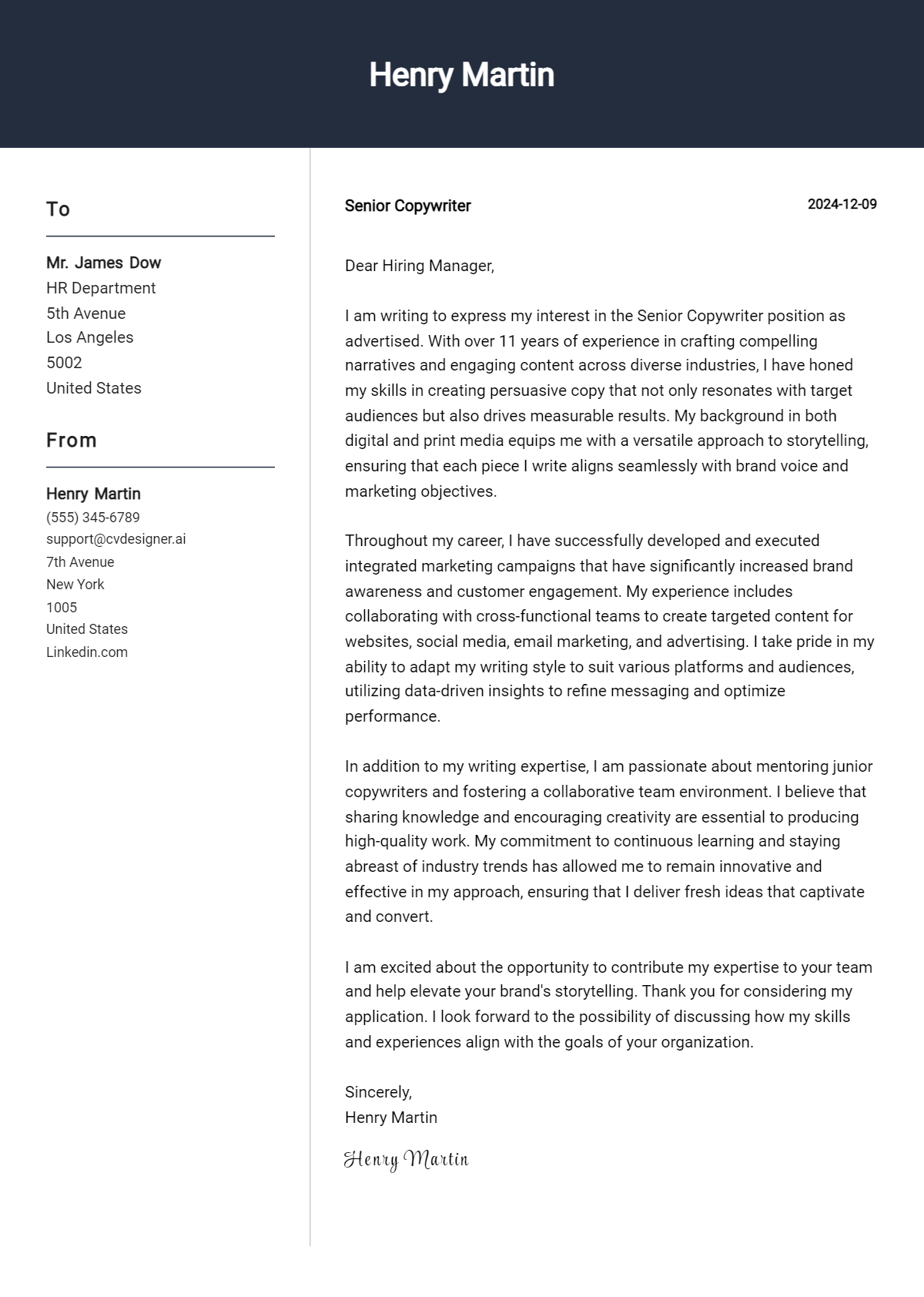 senior copywriter cover letter example