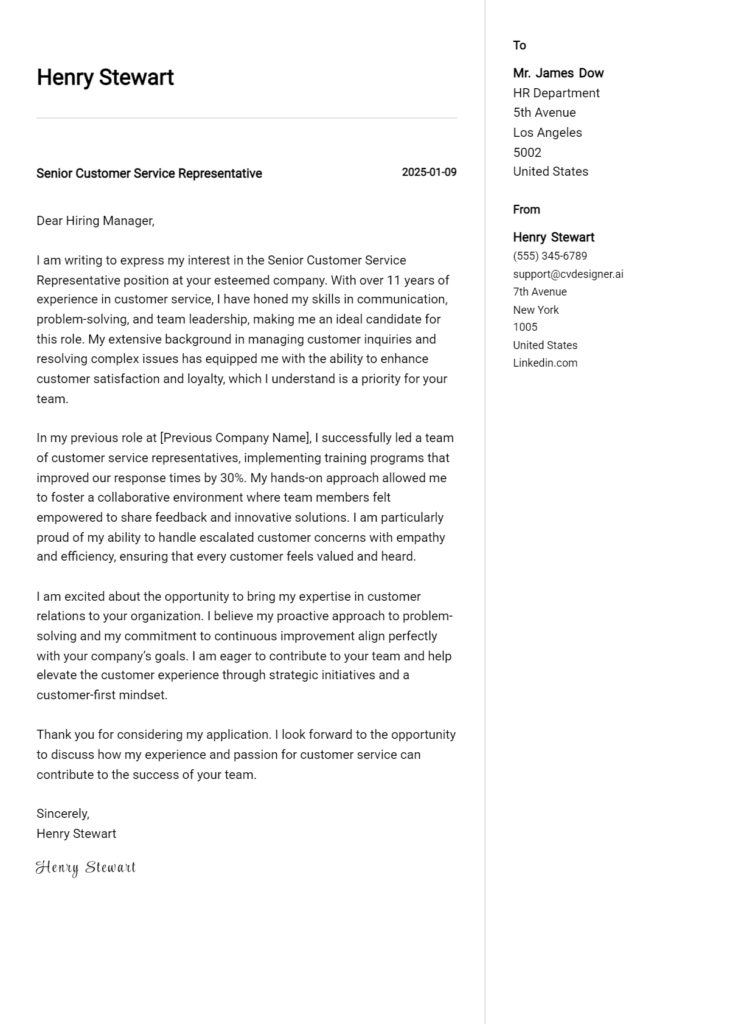 senior customer service representative cover letter example