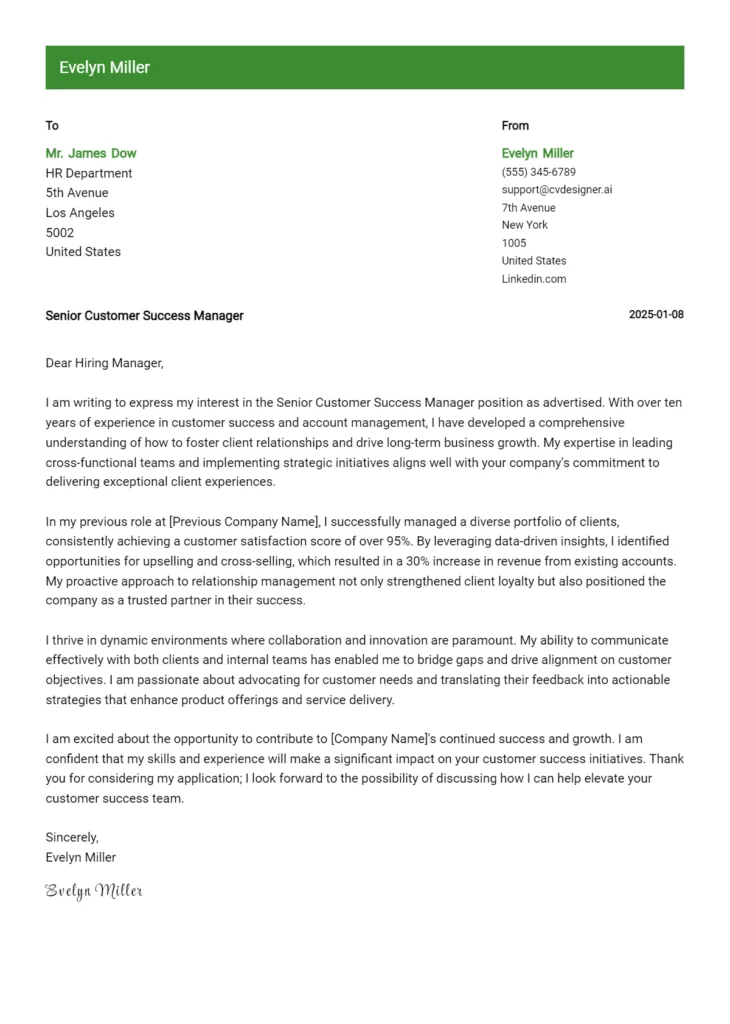 senior customer success manager cover letter example