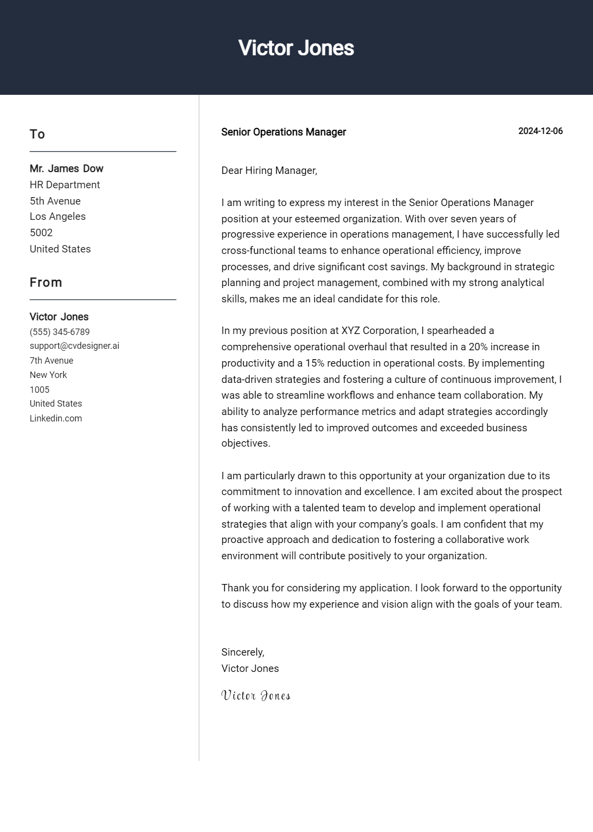 senior operations manager cover letter example