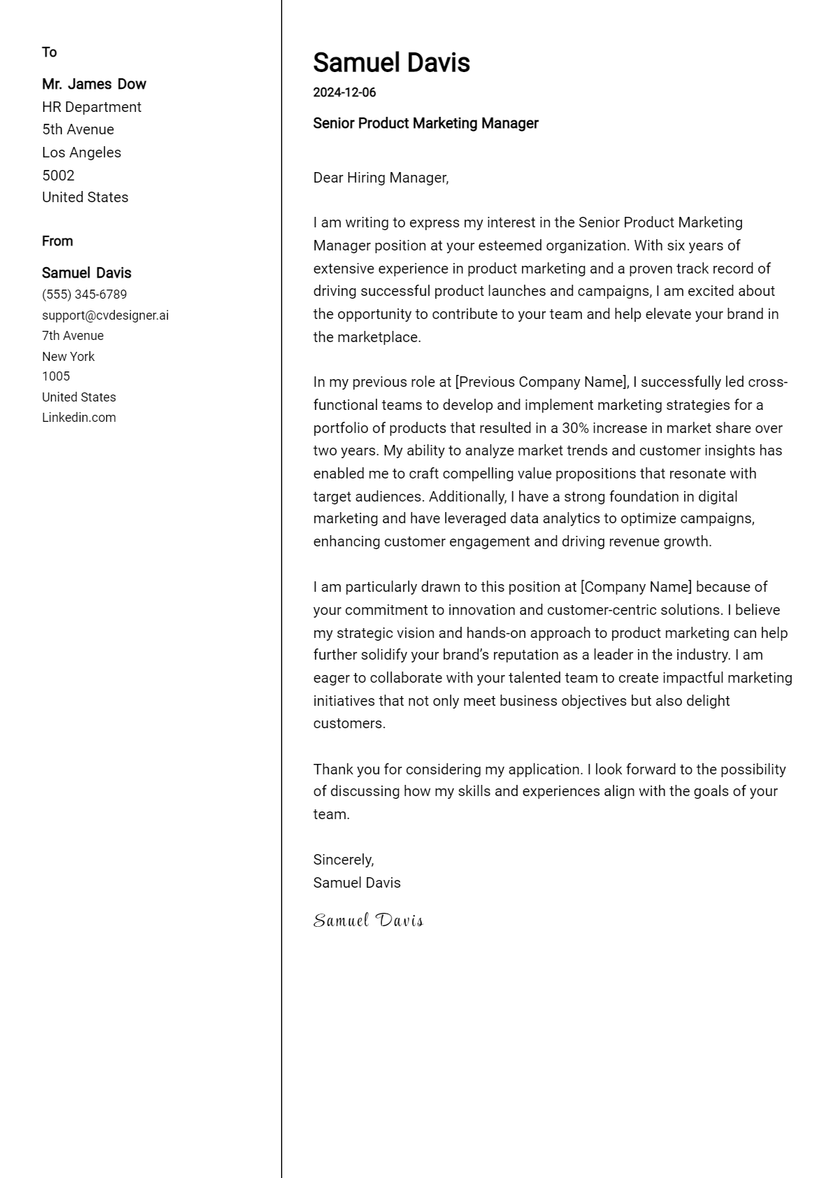 senior product marketing manager cover letter example