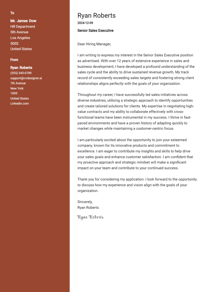 senior sales executive cover letter example