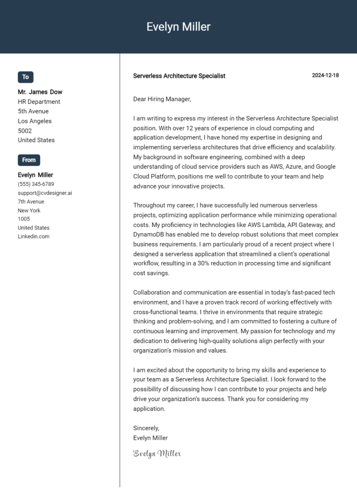 serverless architecture specialist cover letter example