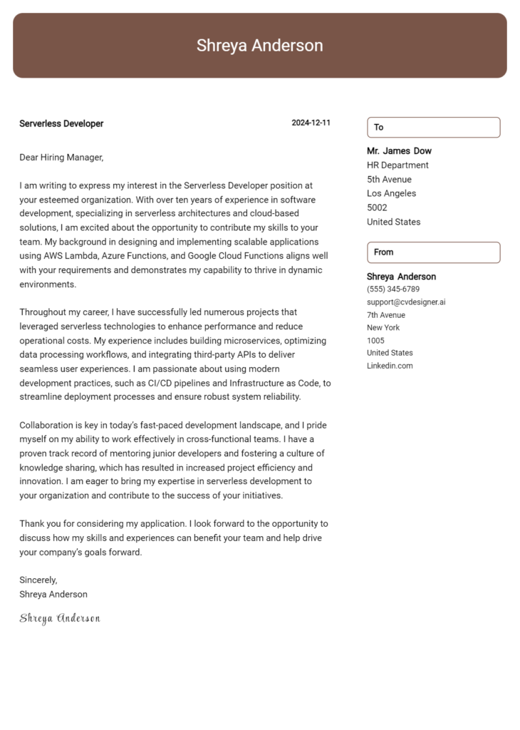 serverless developer cover letter example