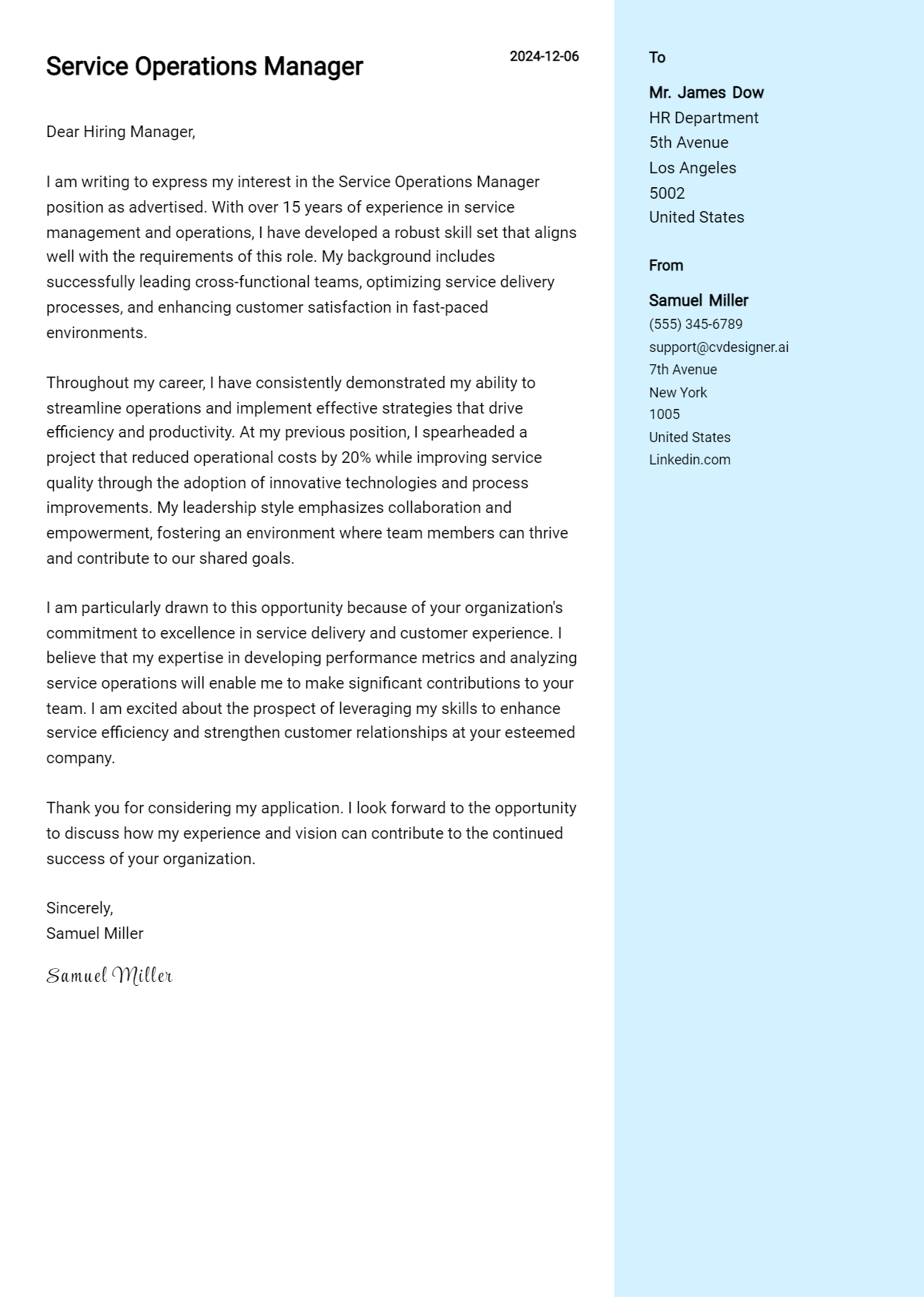 service operations manager cover letter example