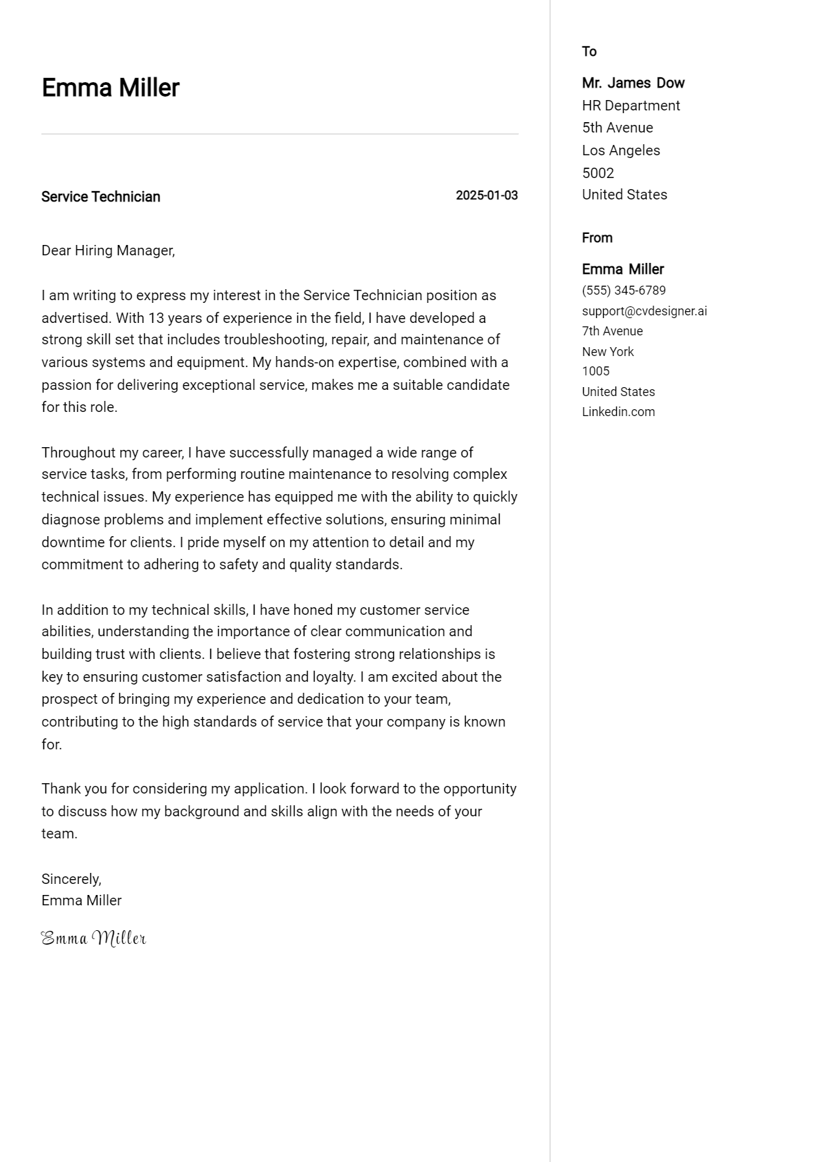 service technician cover letter example