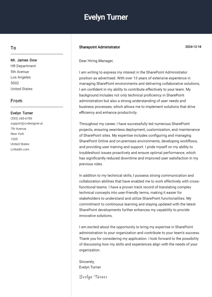 sharepoint administrator cover letter example