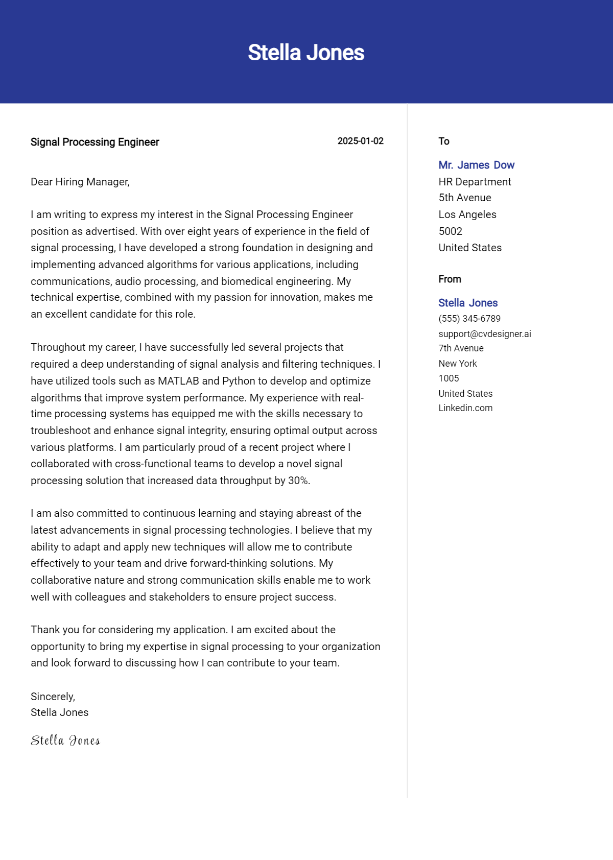 signal processing engineer cover letter example