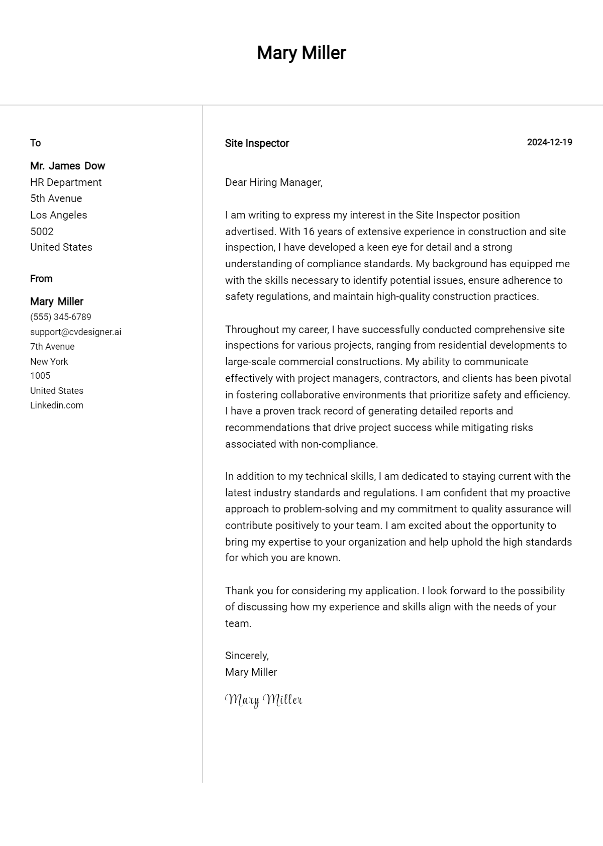 site inspector cover letter example