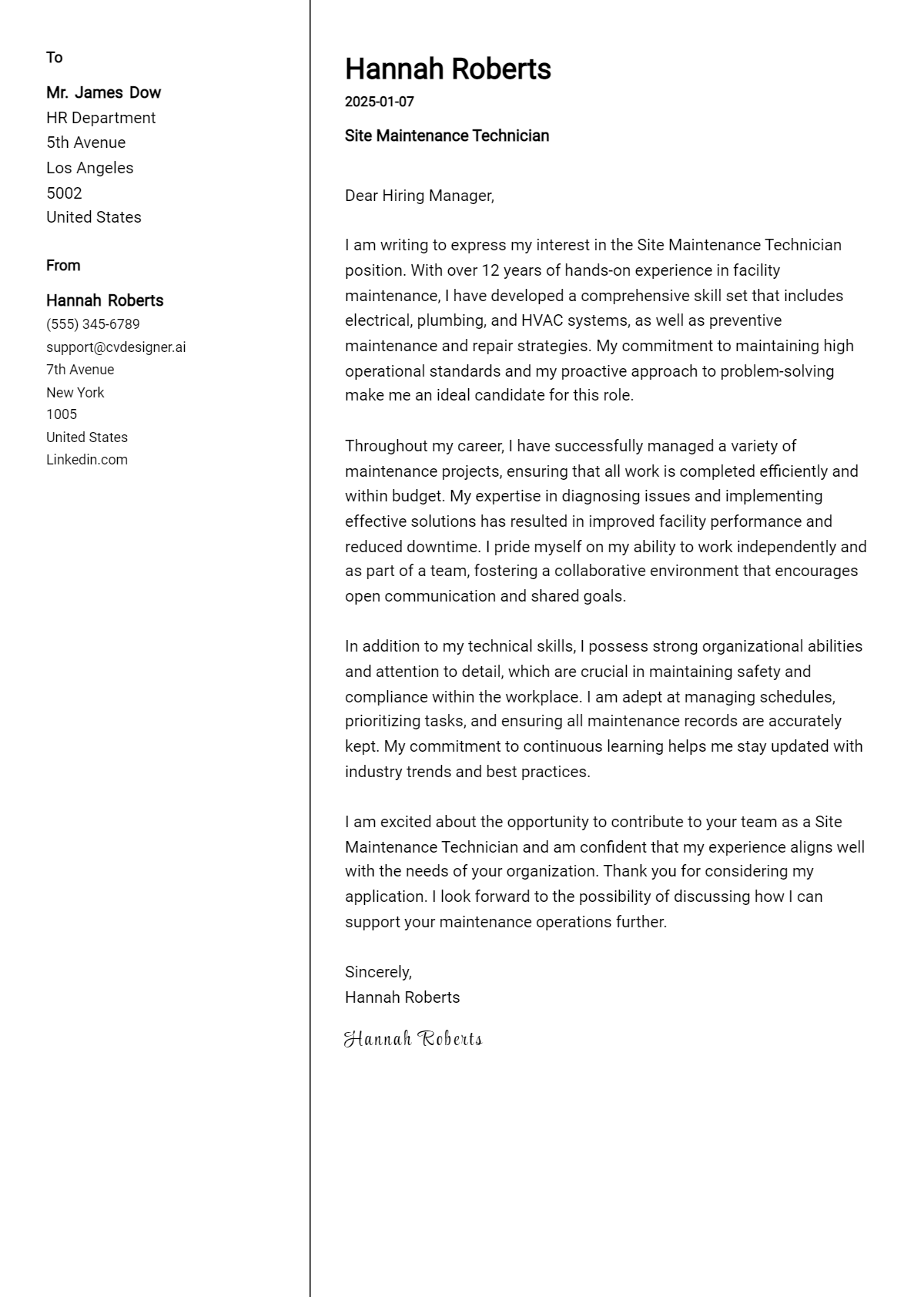 site maintenance technician cover letter example